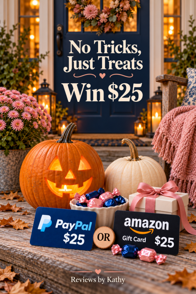 A glowing jack o’ lantern and ivory pumpkin on a cozy porch with pink mums, a pink throw, and $25 PayPal and Amazon gift cards. The navy door reads “No Tricks, Just Treats” and “Win $25,” with Reviews by Kathy below.